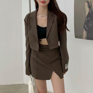 Plain Cropped Blazer / Slit Mini Pencil Skirt
