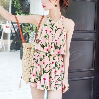 Set: Floral Print Halter Swim Top + Swim Skirt
