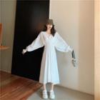 V Neckline Plain Long-sleeve Shirt Dress White - One Size