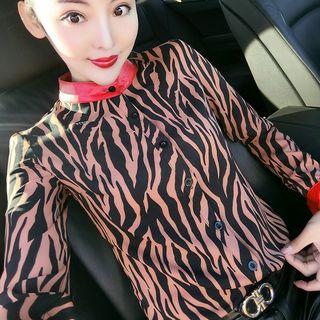 Faux Leather Panel Long-sleeve Printed Shirt