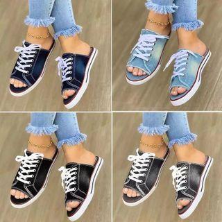 Peep-toe Canvas Lace Up Slide Sandals