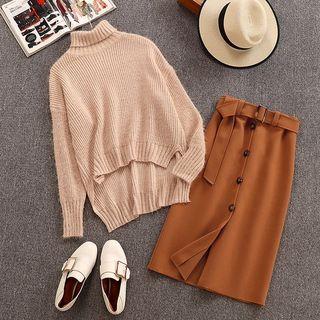 Set: Turtleneck High Low Sweater + High Waist Straight-fit Skirt