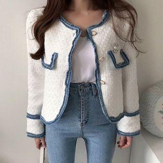 Contrast Trim Button-up Tweed Jacket