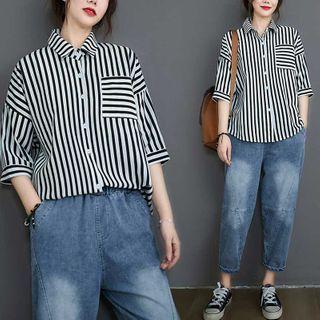Striped Semi Sleeve Shirt Black & White - F