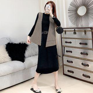 Set: Long-sleeve Ribbed T-shirt + Open Front Houndstooth Vest + Midi A-line Skirt