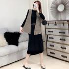 Set: Long-sleeve Ribbed T-shirt + Open Front Houndstooth Vest + Midi A-line Skirt