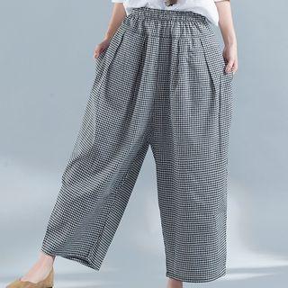Set: Plain 3/4 Sleeve T-shirt + Gingham Baggy Pants