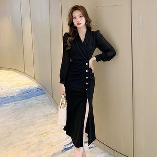 Long-sleeve Wrapped Midi Sheath Dress