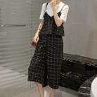 Set: Short-sleeve T-shirt + Check Camisole Top + Wide Leg Pants