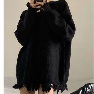 Plain Distressed Sweater Black - One Size