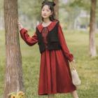 Set: Long-sleeve Wide-collar Midi A-line Dress + Button Vest
