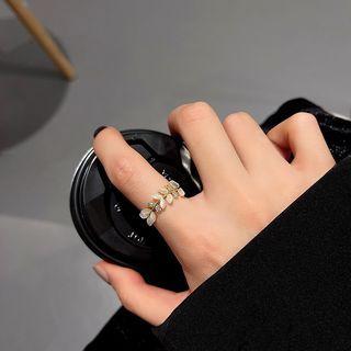 Leaf Faux Cat Eye Stone Alloy Open Ring J460 - Gold - One Size