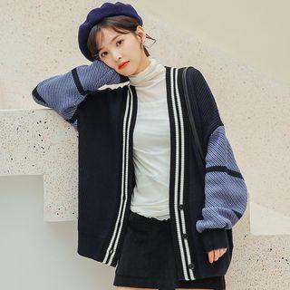 Contrast-trim Print Panel Cardigan Sapphire Blue - One Size
