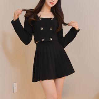 Set: Long-sleeve Double-breasted Cropped Blouse + Pleated Mini A-line Skirt
