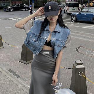 Patchwork Knit-sleeve Denim Crop Jacket