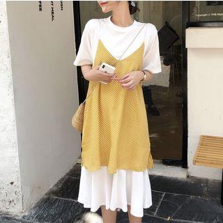 Set: Short-sleeve T-shirt + Spaghetti Strap Midi Dotted Dress