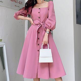 Square Neck Puff-sleeve Midi Dress