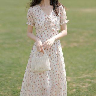 Shirred Trim Tie Neck Midi Dress