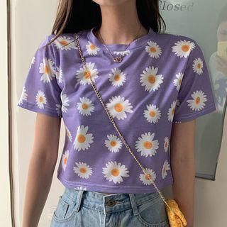 Cropped Flower Print Short-sleeve T-shirt