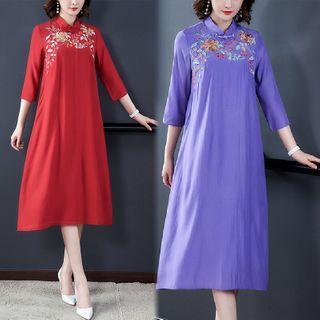 3/4-sleeve Mandarin Collar Midi A-line Dress