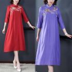 3/4-sleeve Mandarin Collar Midi A-line Dress