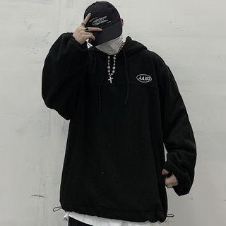 Letter Embroidered Drawstring Woolen Hoodie