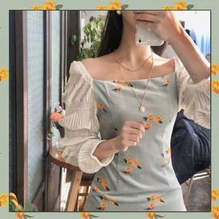 Shirred-sleeve Floral Print Sheath Dress