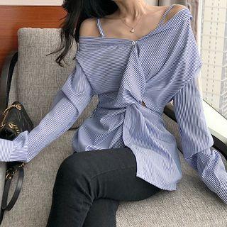 Striped Cold-shoulder Twisted Blouse As Shown In Figure - One Size