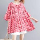Elbow-sleeve Cutout Pattern Shirt Red - One Size