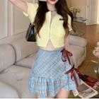 Contrast Collar Zip Crop Top / Ruffle Hem Mini A-line Skirt