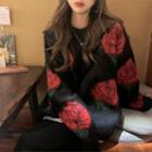 Round Neck Rose Print Sweater Black - One Size