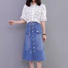 Set: Embroidered Elbow-sleeve Check Blouse + Buttoned A-line Denim Skirt