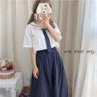 Elbow-sleeve Striped Trim Wide Collar Shirt / Tie / Egg Pin / A-line Midi Skirt / Set