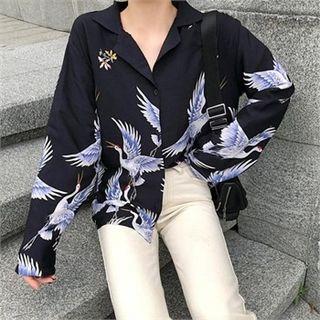 Notched-collar Bird Print Shirt Black - One Size