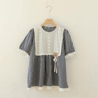 Short-sleeve Plaid Lace Panel Blouse