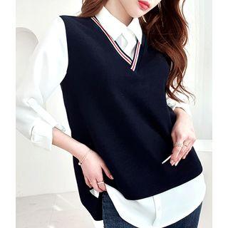 Inset Shirt V-neck Knit Vest