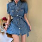 Puff-sleeve Tie Neck Single Breasted Denim Dress