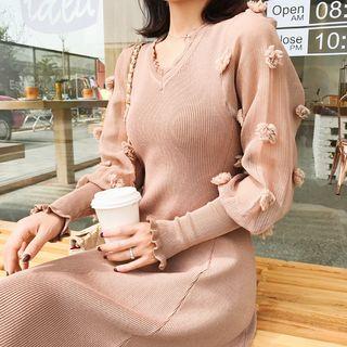 Flower Applique Long Sleeve A-line Knit Dress