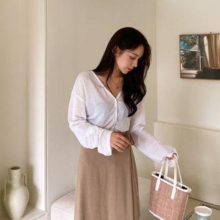 Short-sleeve Pleated Back Dress With Sash