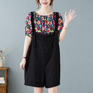Set: Puff-sleeve Flower Print Blouse + Jumper Shorts