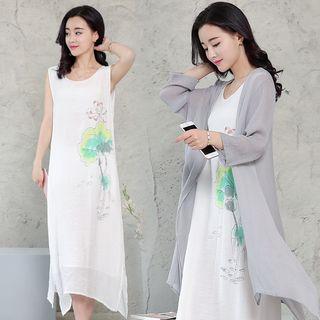 Set: Floral Tank Dress + Long Cardigan