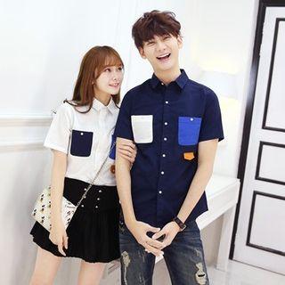Short-sleeve Color-block Couple Shirt
