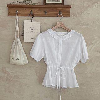 Frill-neck Drawstring Peplum Blouse