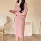 Set: V-neck Drop-shoulder Top + Midi Skirt