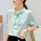 Tie-neck Dotted Short-sleeve Blouse