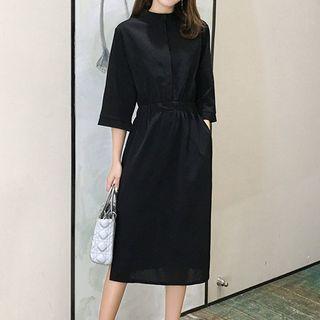 3/4-sleeves Stand Collar Midi Shirt Dress