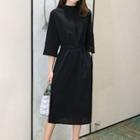 3/4-sleeves Stand Collar Midi Shirt Dress