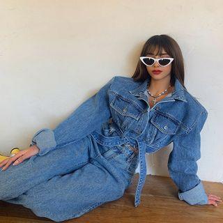 Padded-shoulder Denim Cropped Jacket With Sash Blue - One Size