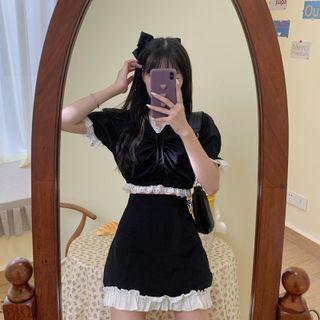 Set: Short-sleeve Lace Trim Cropped Blouse + Mini Pencil Skirt