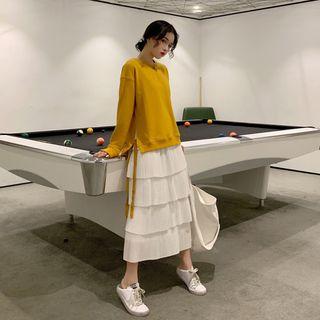Tie-side Pullover / Layered Mesh Midi Skirt